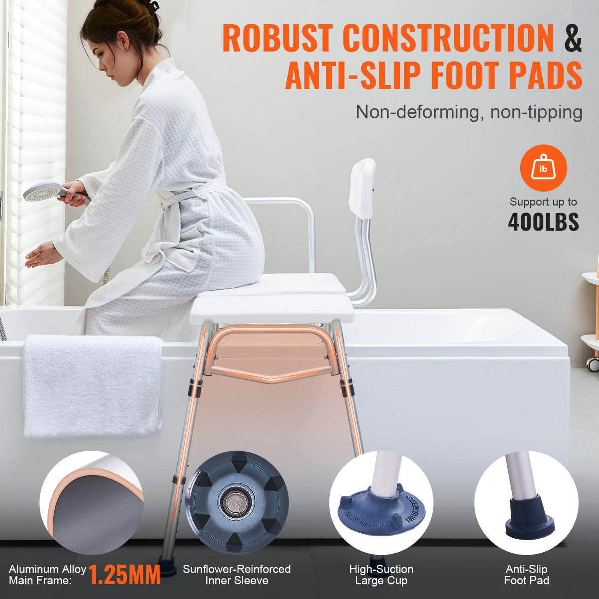 Tub Transfer Bench Adjustable with U-Shaped Guard Reversible Backrest 400LBS