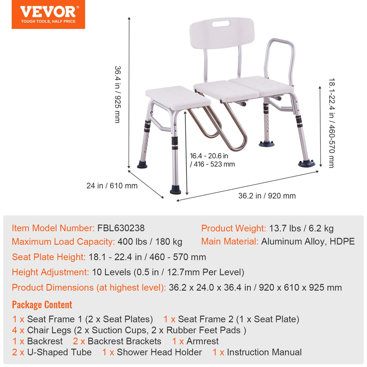 Tub Transfer Bench Adjustable with U-Shaped Guard Reversible Backrest 400LBS