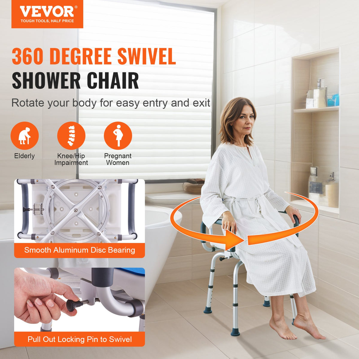 360° Swivel Shower Chair Adjustable Seat with Armrests Backrest