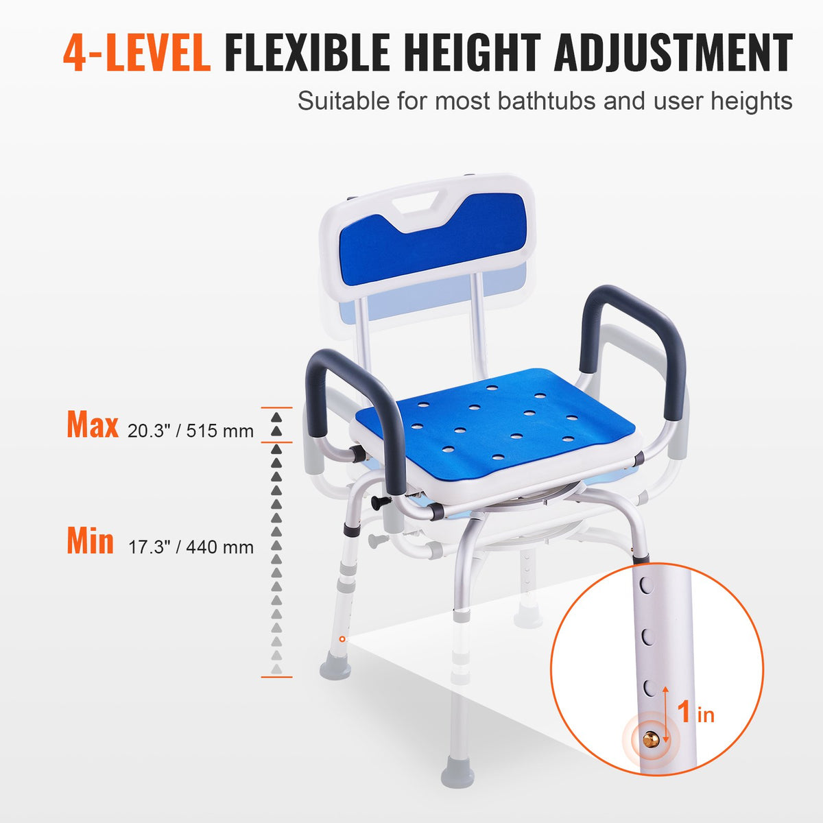 360° Swivel Shower Chair Adjustable Seat with Armrests Backrest