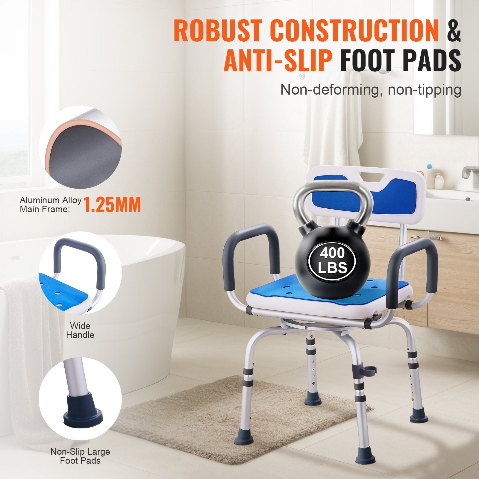 360° Swivel Shower Chair Adjustable Seat with Armrests Backrest