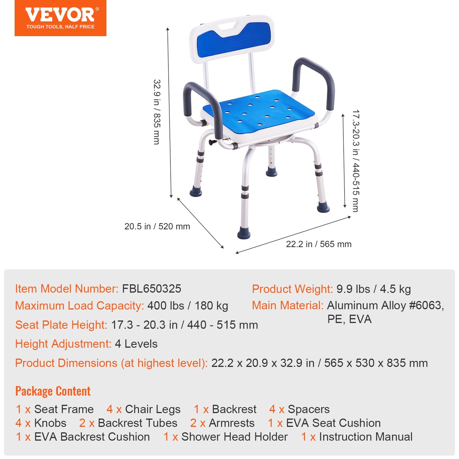 360° Swivel Shower Chair Adjustable Seat with Armrests Backrest
