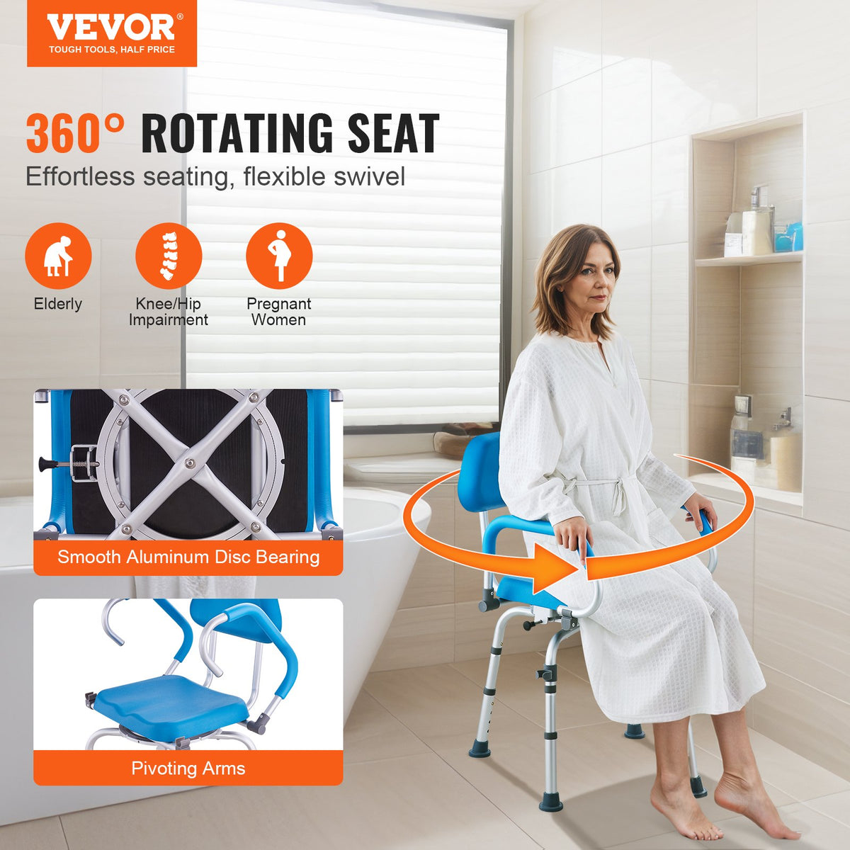 Swivel Shower Chair 360° Adjustable Seat with Pivot Arms Padded Non-Slip 300lbs