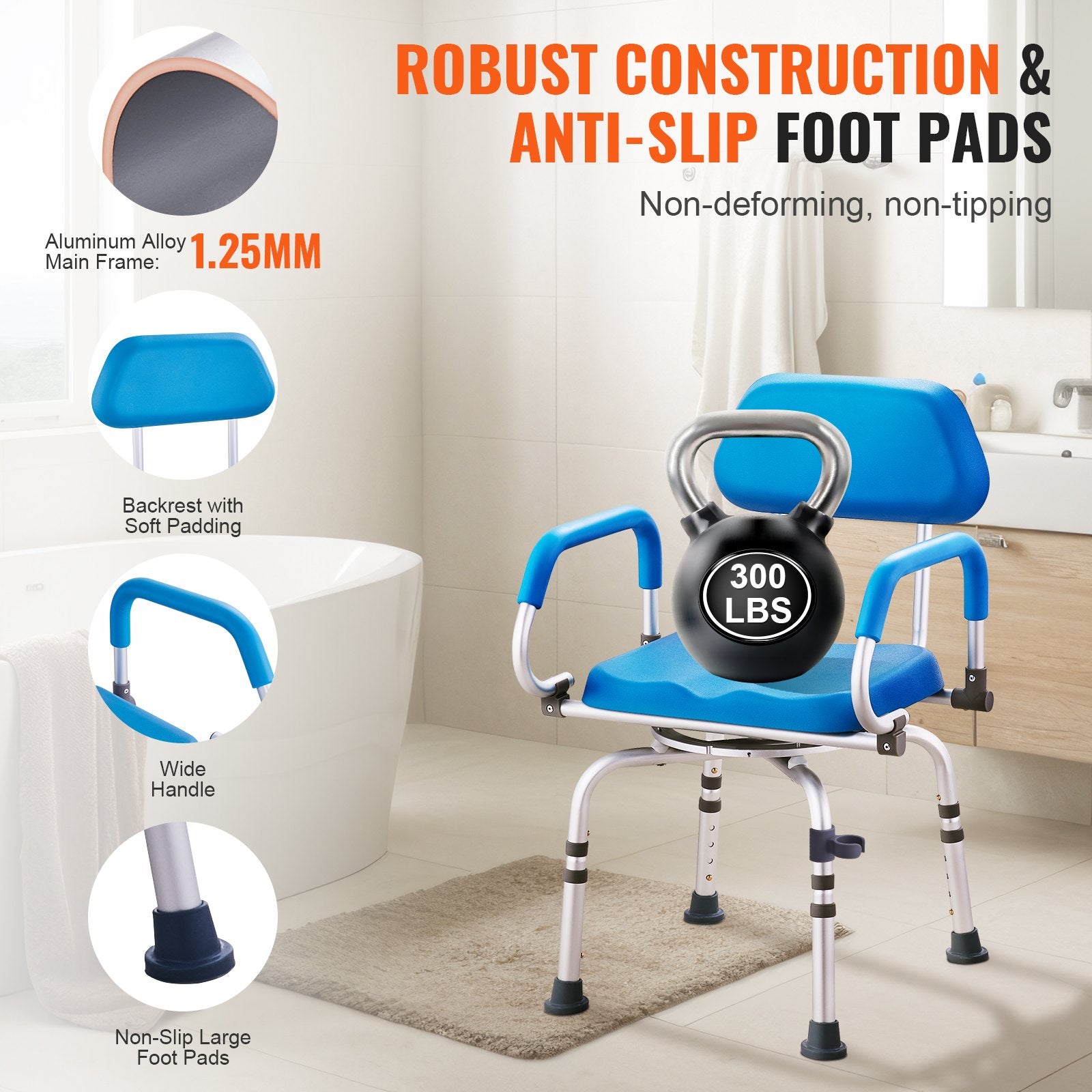 Swivel Shower Chair 360° Adjustable Seat with Pivot Arms Padded Non-Slip 300lbs