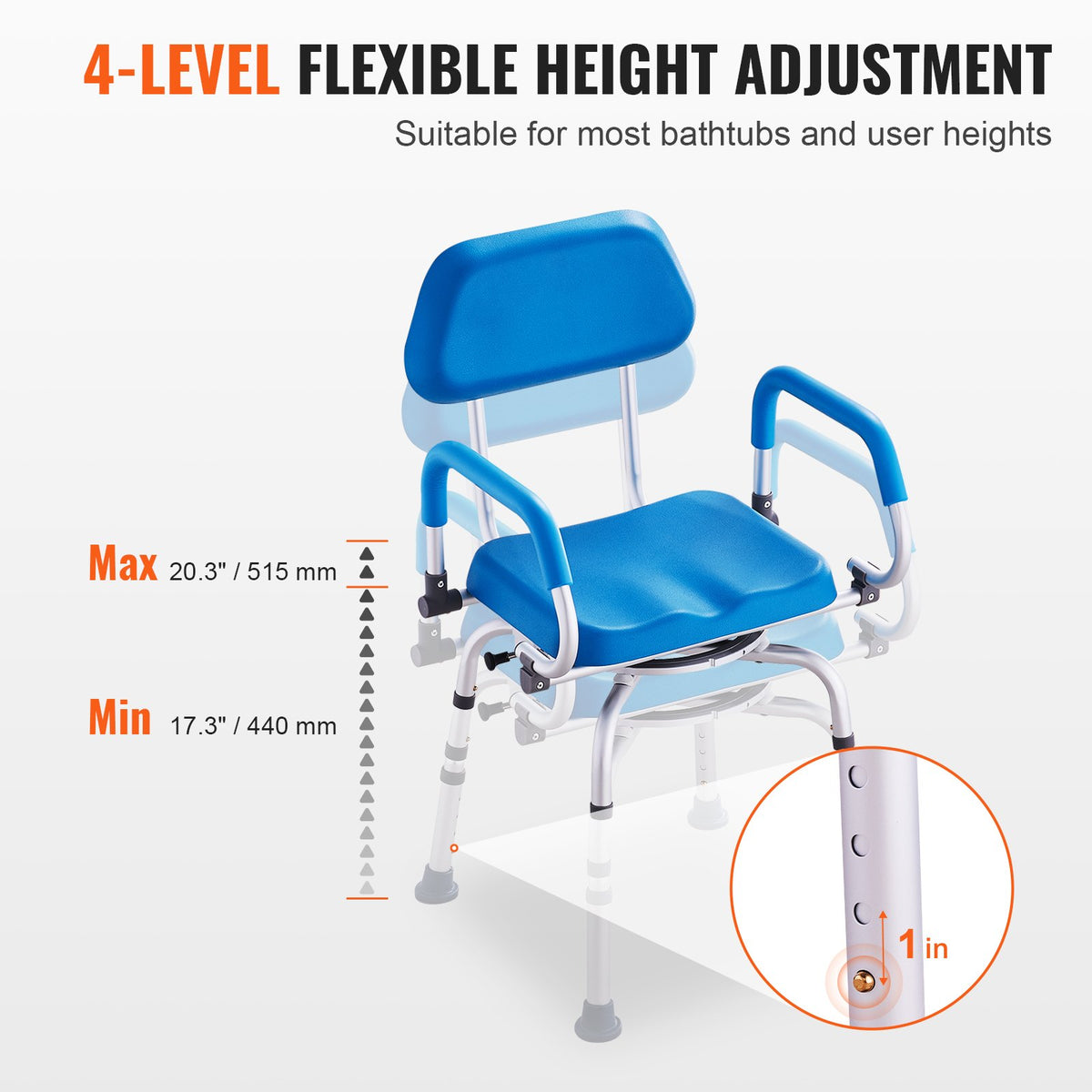 Swivel Shower Chair 360° Adjustable Seat with Pivot Arms Padded Non-Slip 300lbs