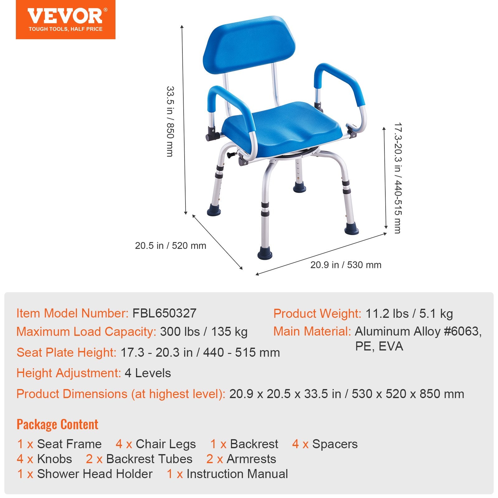 Swivel Shower Chair 360° Adjustable Seat with Pivot Arms Padded Non-Slip 300lbs
