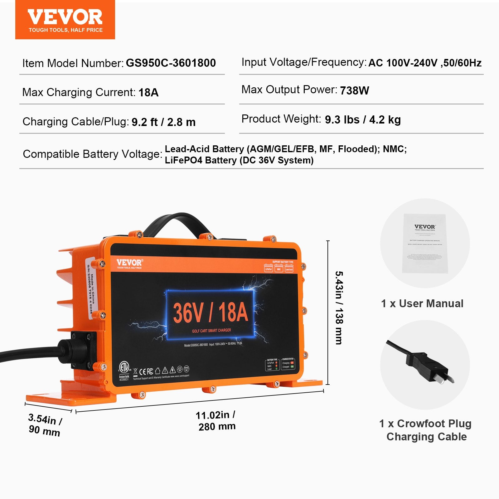 18A Smart Golf Cart Battery Charger IP67 for Lead-Acid & LiFePO4 Club Car EZGO