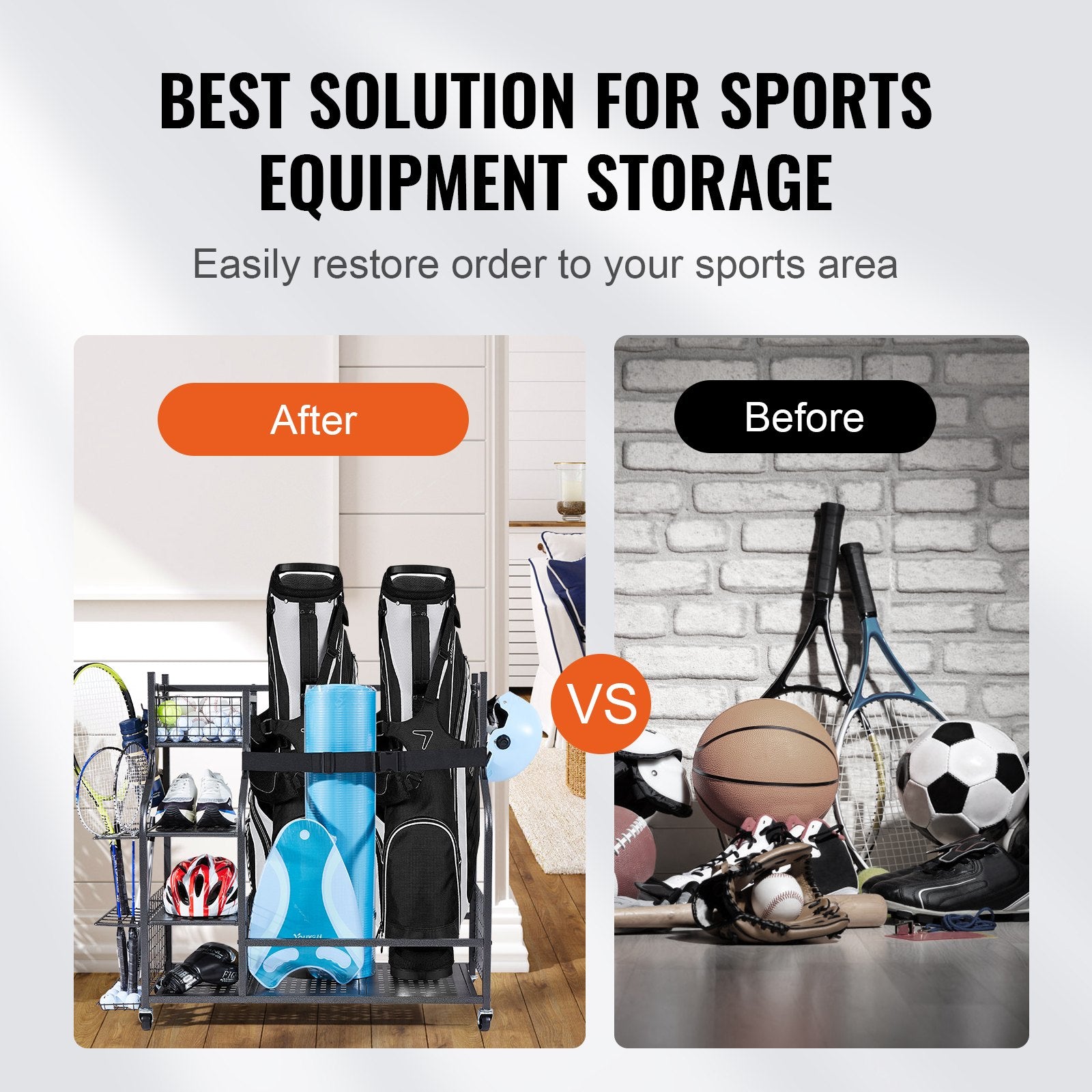 Golf Storage Garage Organizer Rolling Ball Cart 2-Bag Stand with Baskets & Hooks