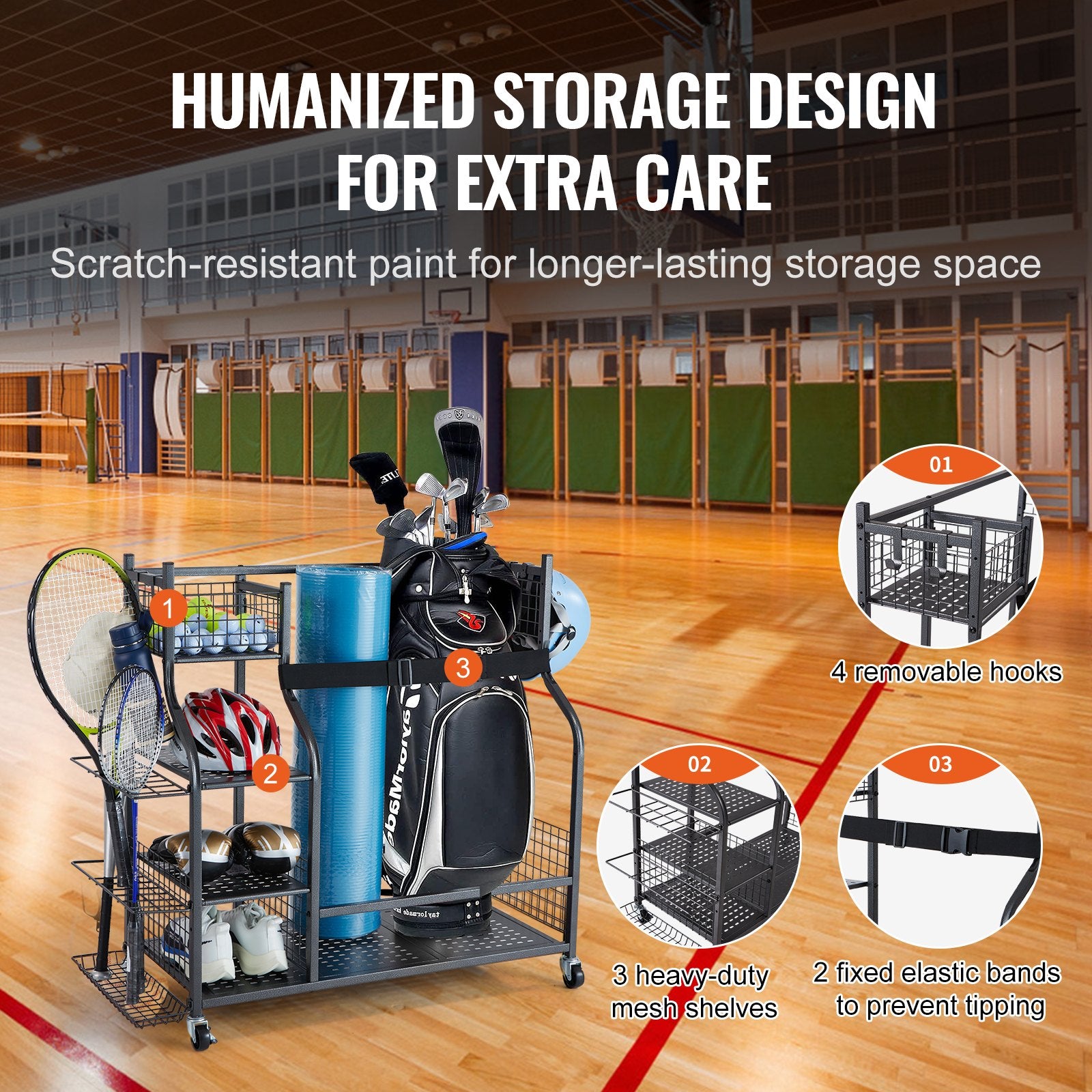 Golf Storage Garage Organizer Rolling Ball Cart 2-Bag Stand with Baskets & Hooks
