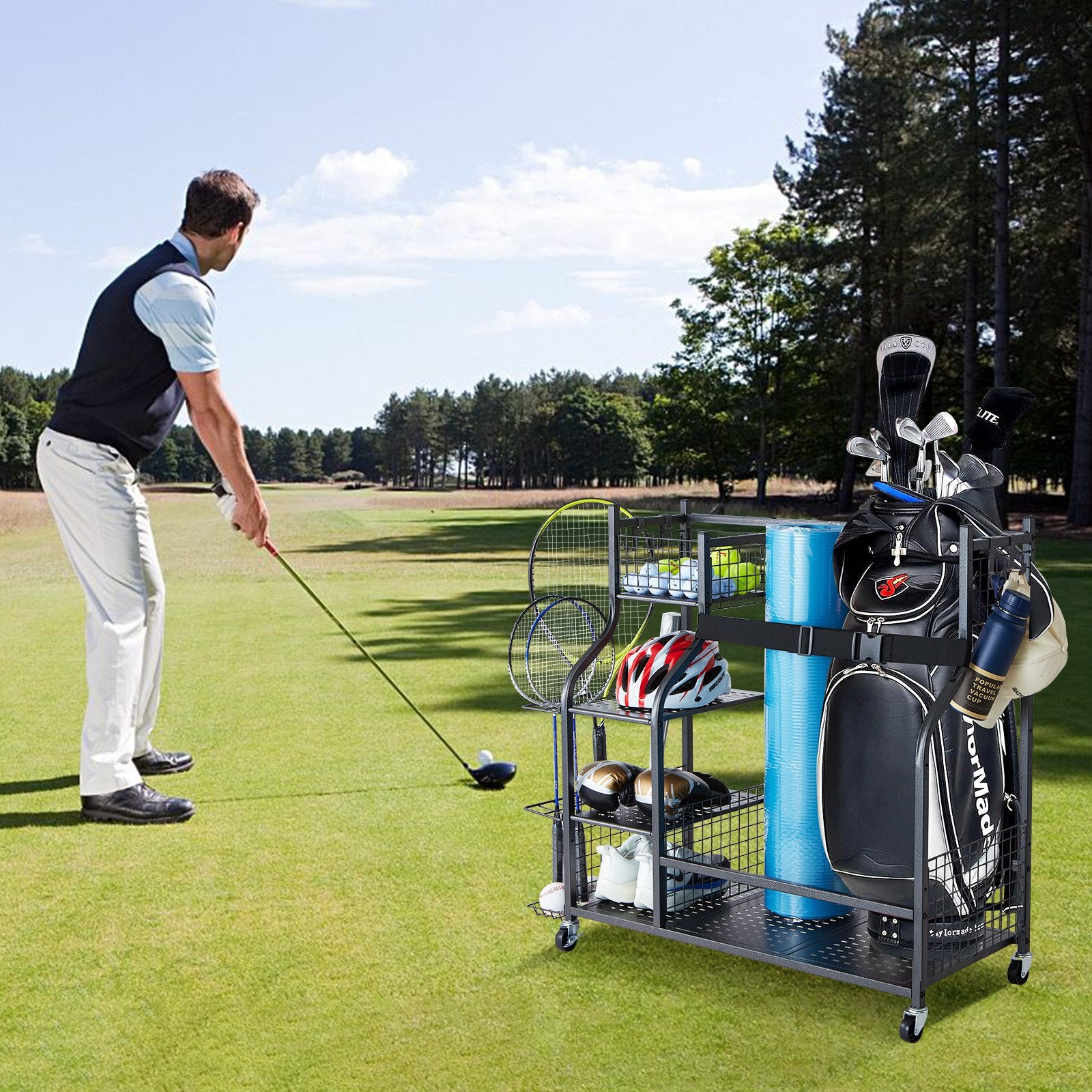 Golf Storage Garage Organizer Rolling Ball Cart 2-Bag Stand with Baskets & Hooks