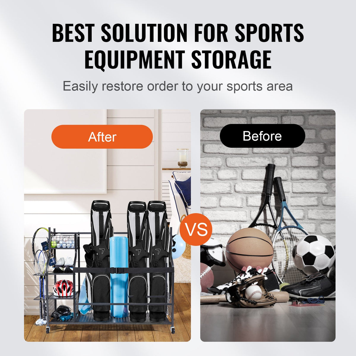 Golf Storage Garage Organizer Rolling Ball Cart 3-Bag Stand with Baskets & Hooks