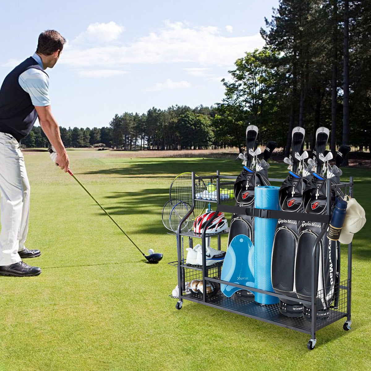 Golf Storage Garage Organizer Rolling Ball Cart 3-Bag Stand with Baskets & Hooks
