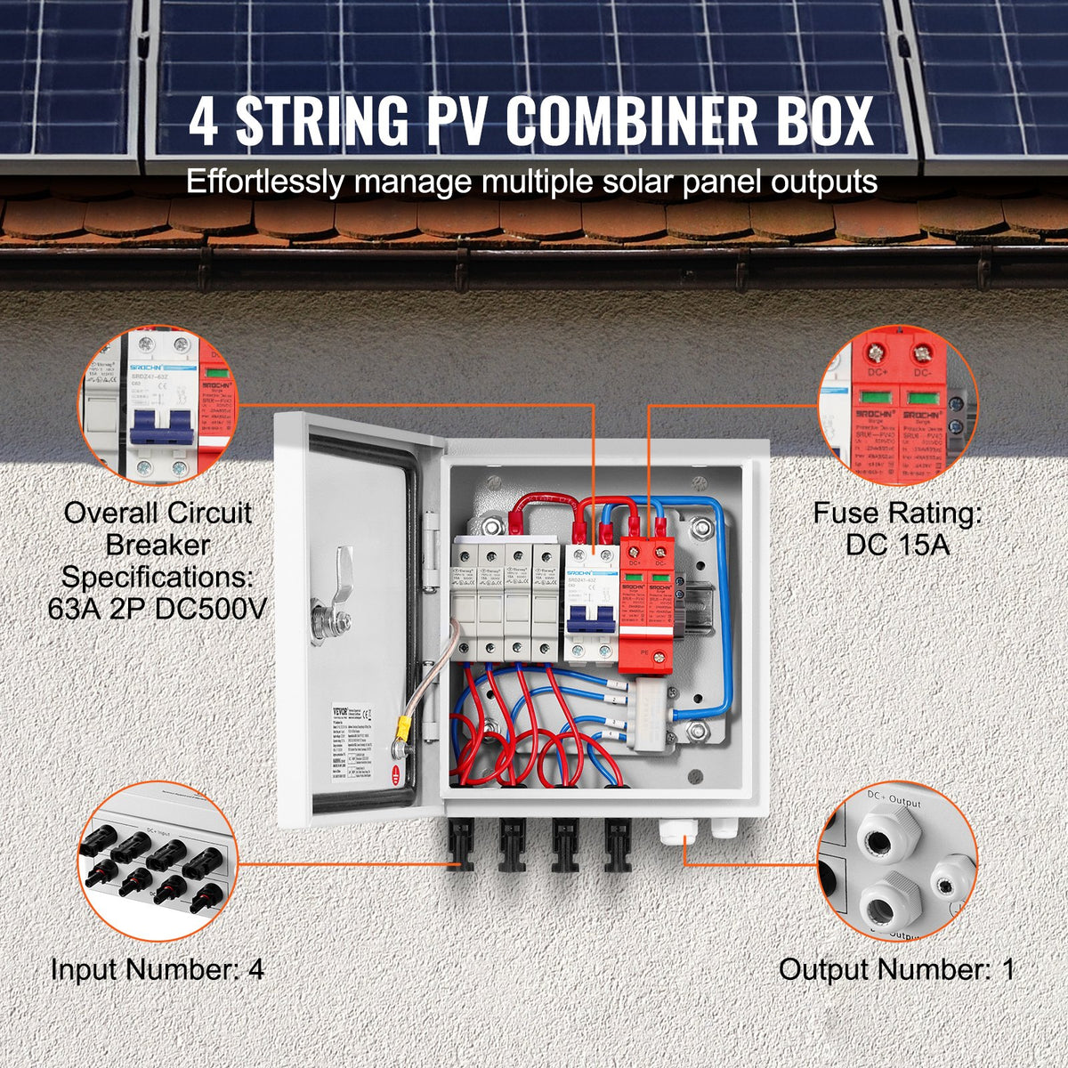 PV Combiner Box 4 String 15A Fuse 63A Breaker Lightning Arrester IP65