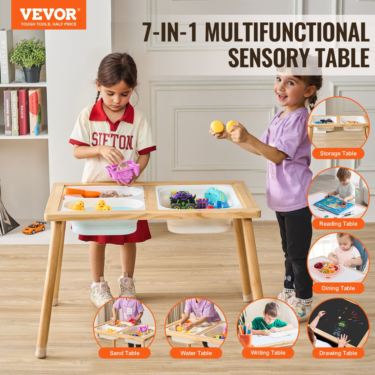 Wooden Sensory Table with Double-Sided Board and 3 Foldable Storage Bins