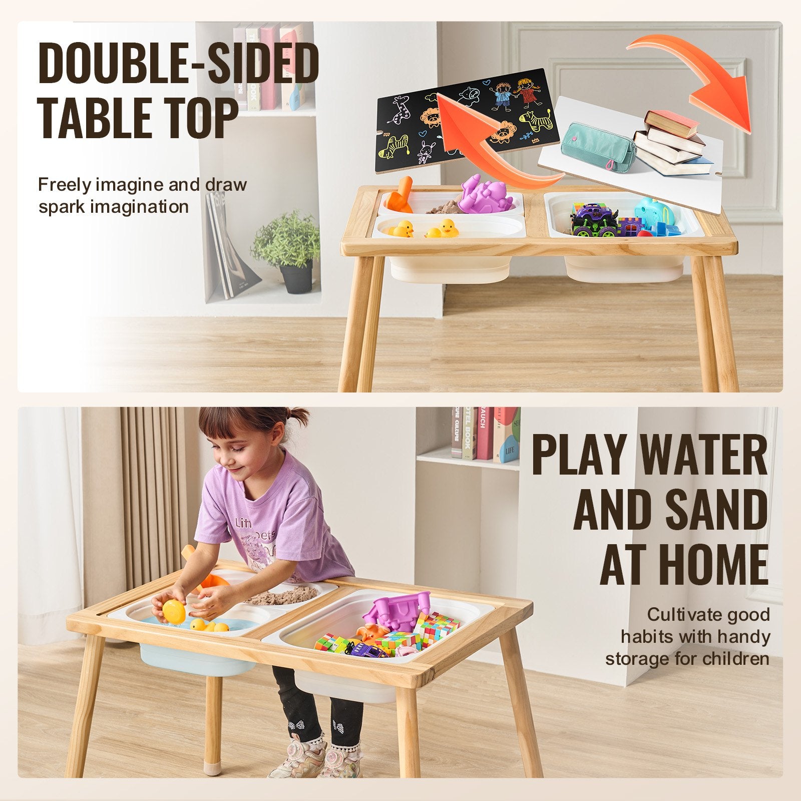 Wooden Sensory Table with Double-Sided Board and 3 Foldable Storage Bins
