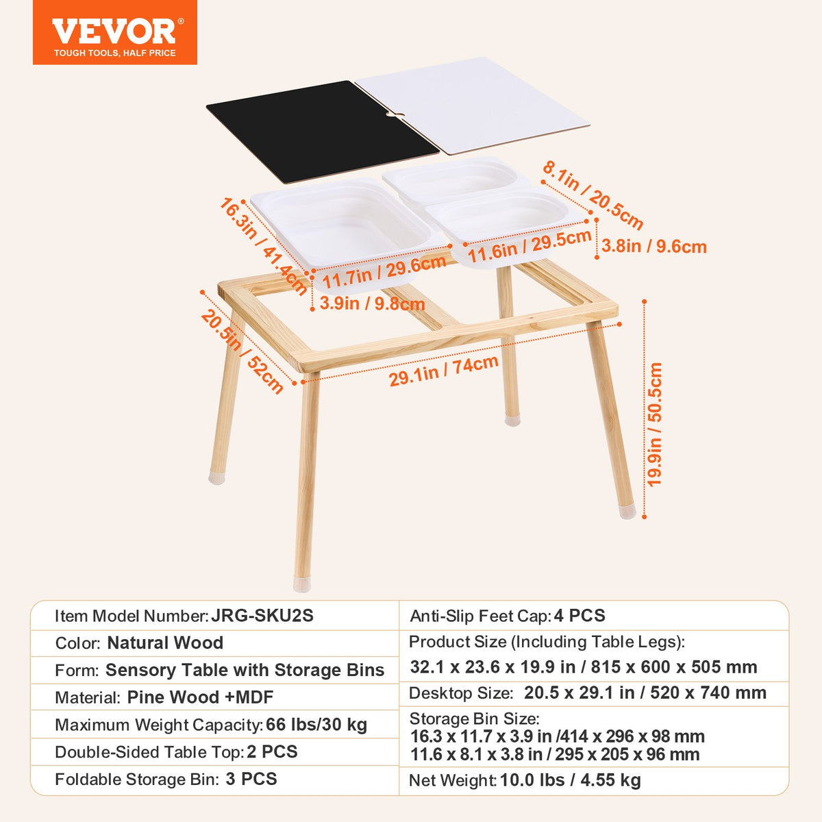 Wooden Sensory Table with Double-Sided Board and 3 Foldable Storage Bins
