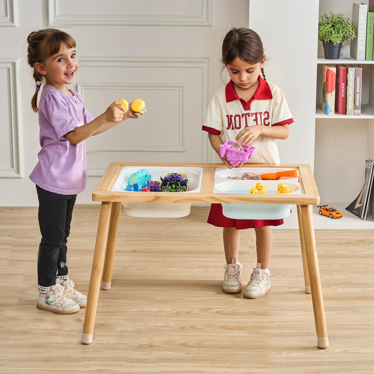 Wooden Sensory Table with Double-Sided Board and 3 Foldable Storage Bins