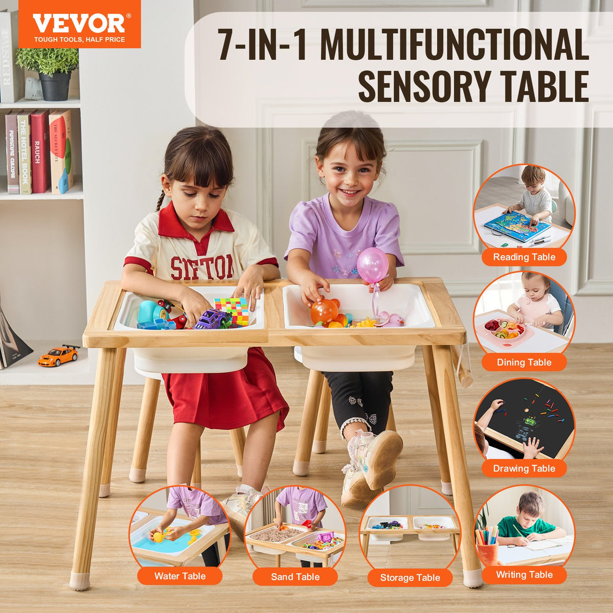 Wooden Sensory Table and Chairs Set with Storage Bins and Paper Roll Holder