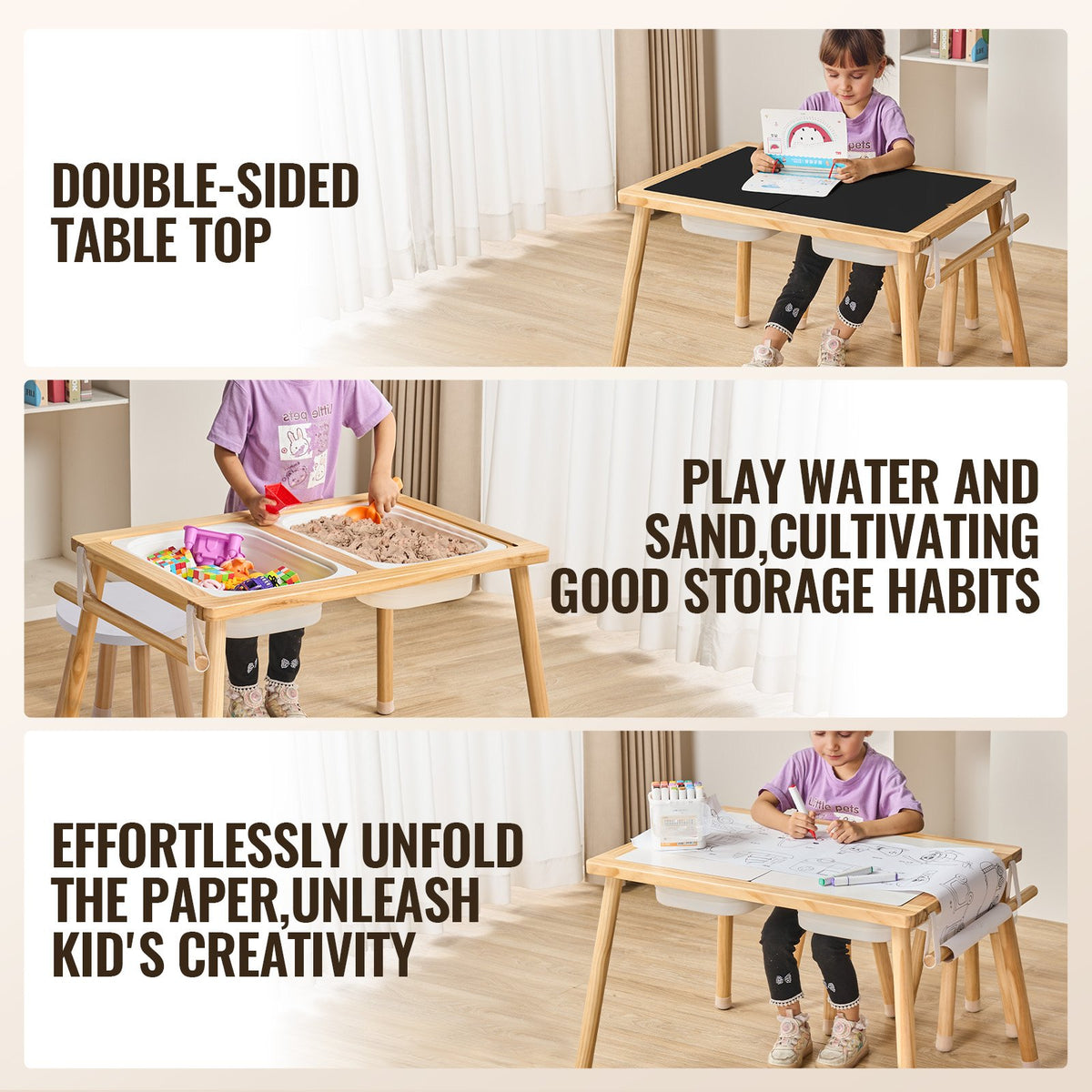 Wooden Sensory Table and Chairs Set with Storage Bins and Paper Roll Holder