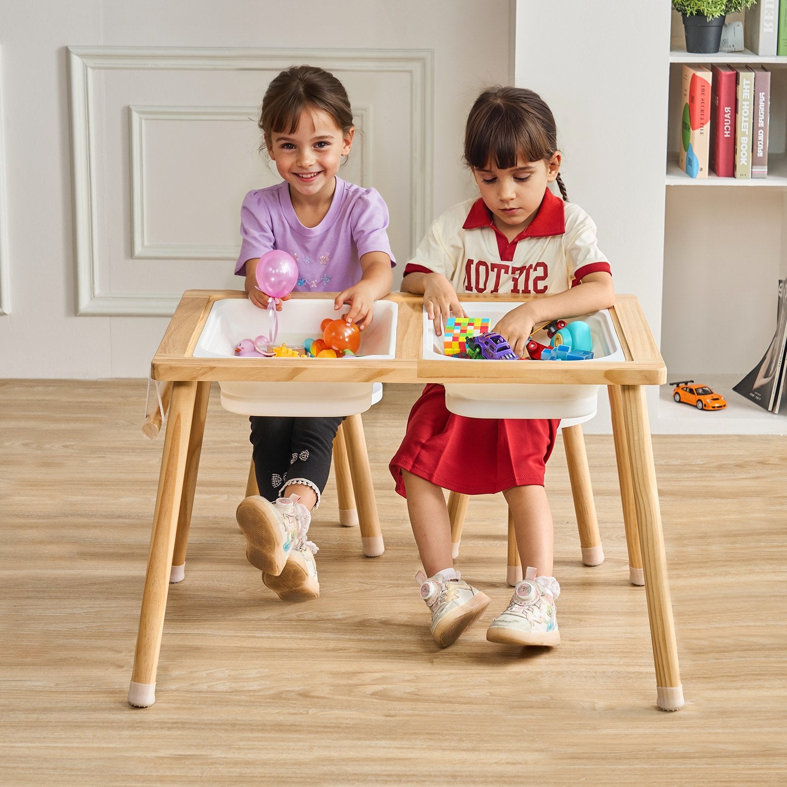 Wooden Sensory Table and Chairs Set with Storage Bins and Paper Roll Holder