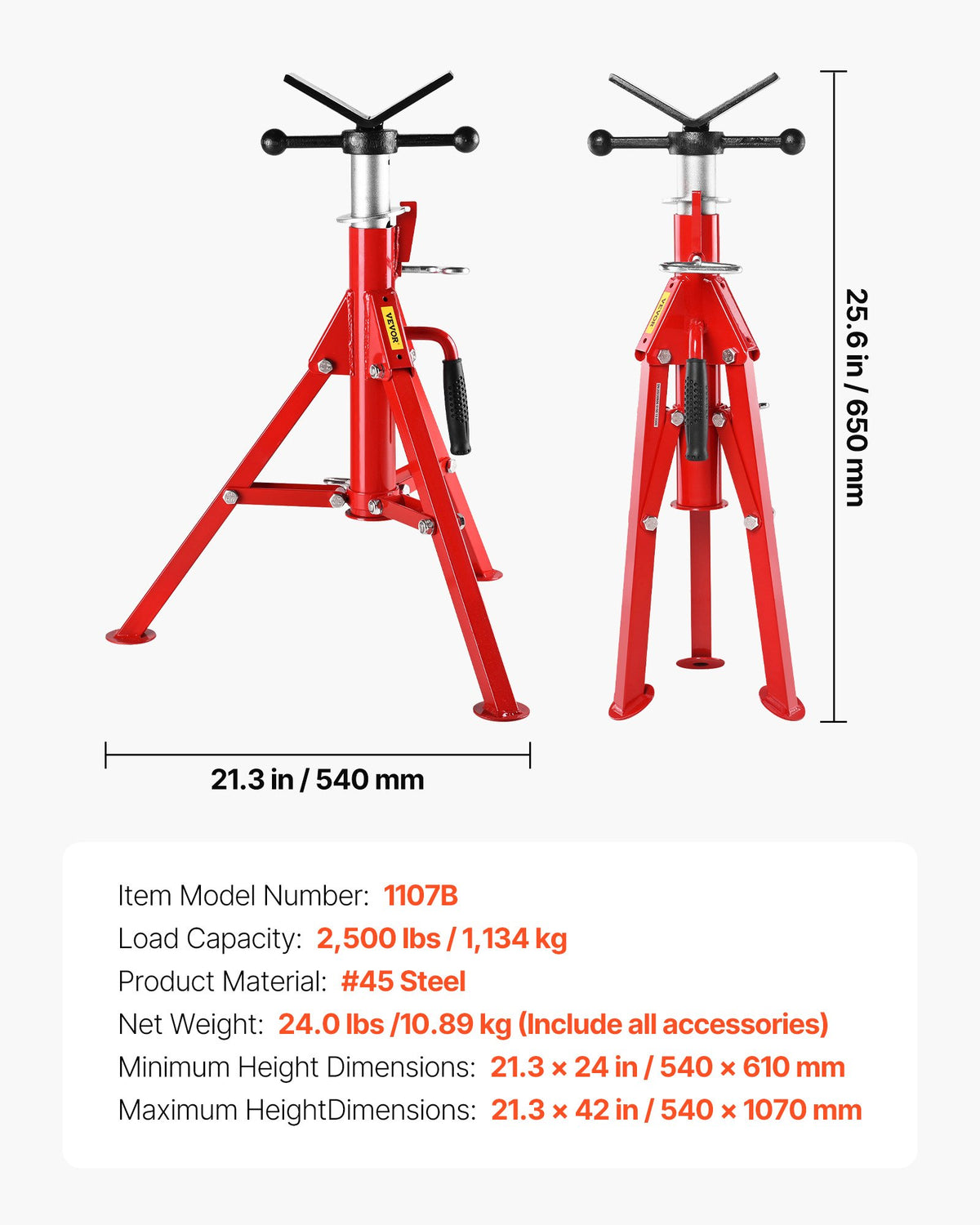V Head Pipe Stand 0.32-30.48cm Adjustable Folding Pipe Jack 1134kg Load