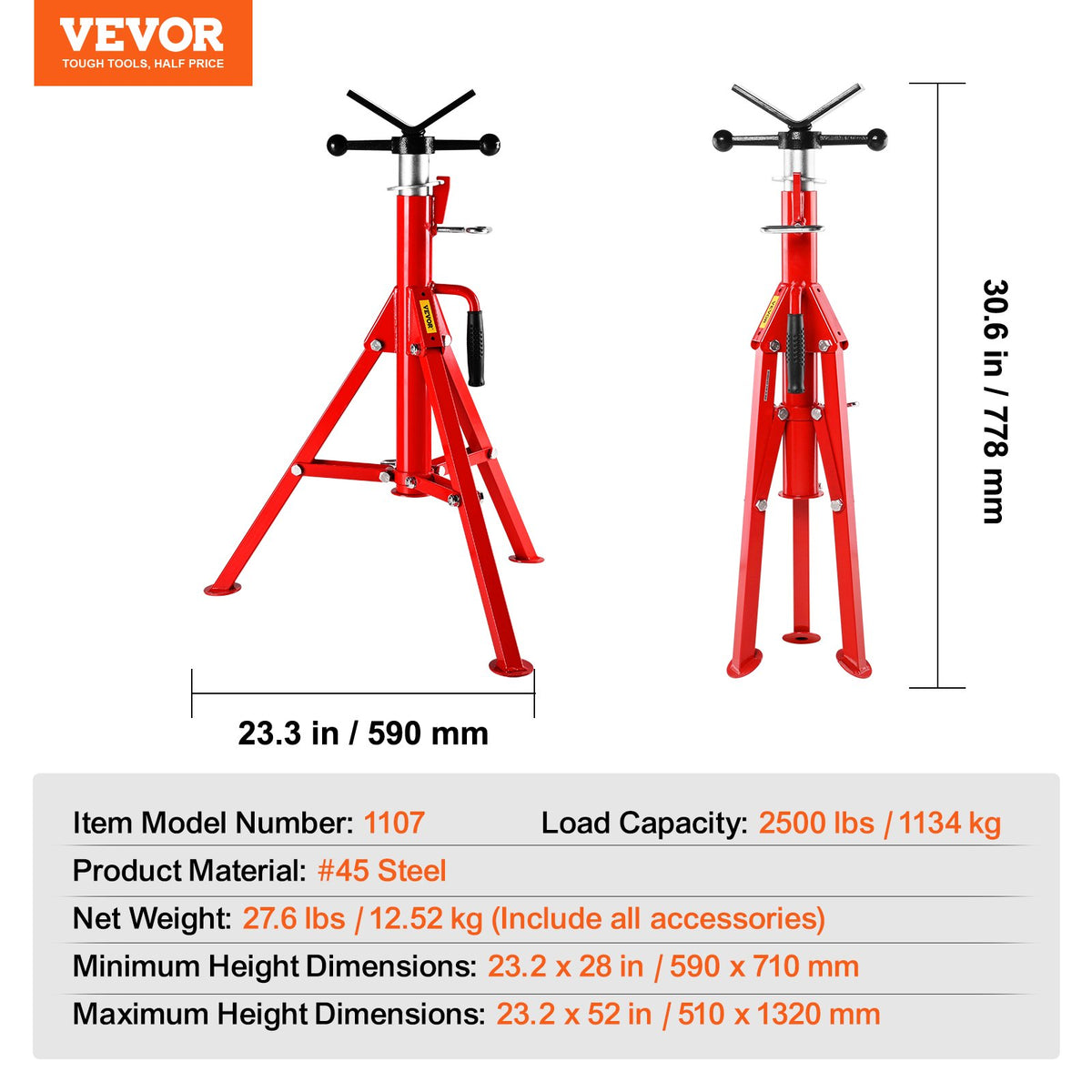 Pipe Stand V Head Adjustable 28-52 Inch 2500LB Folding Portable Steel Jack
