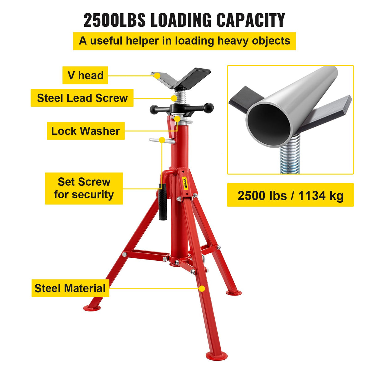 Pipe Jack Stand V-Head Foldable Legs Max Height 52in 2500LB
