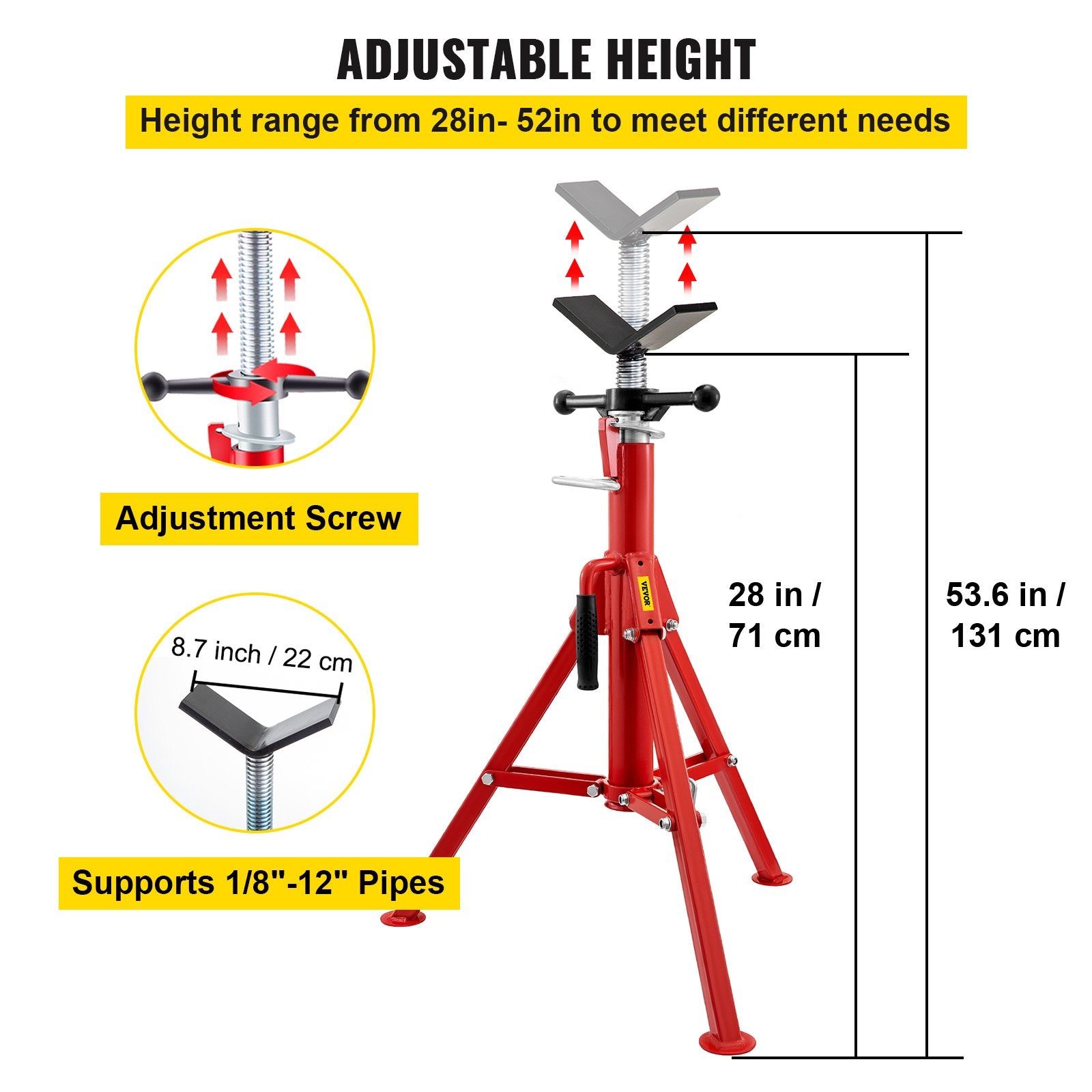 Pipe Jack Stand V-Head Foldable Legs Max Height 52in 2500LB