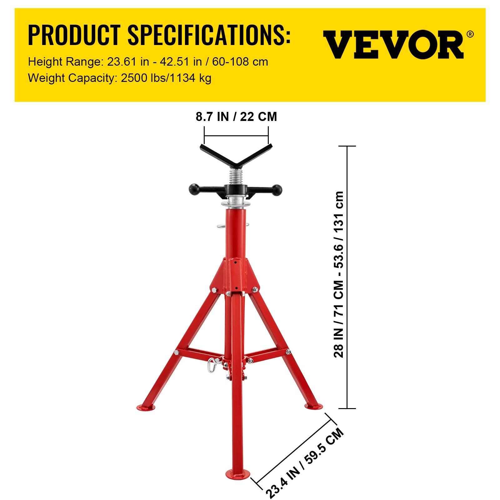 Pipe Jack Stand V-Head Foldable Legs Max Height 52in 2500LB