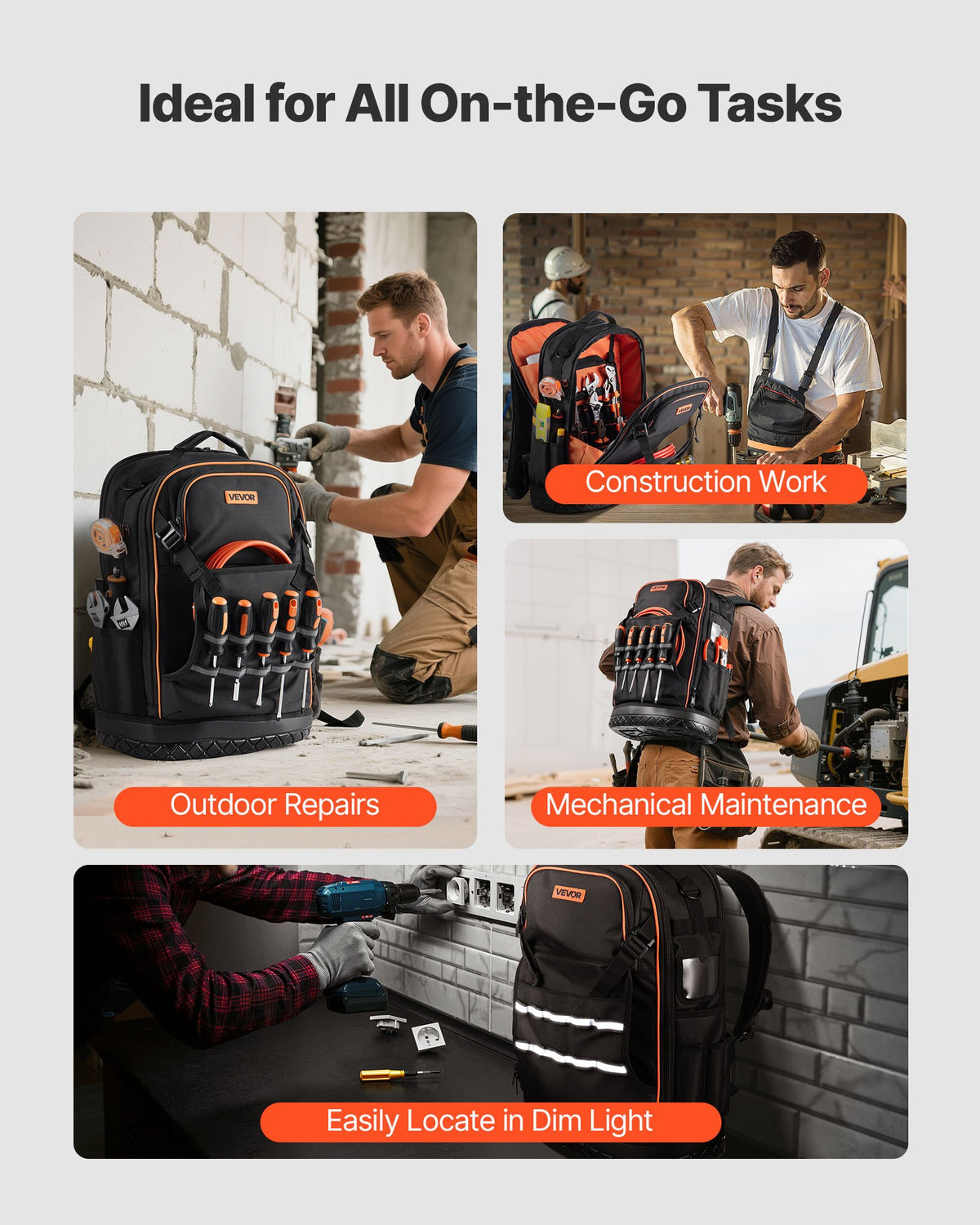 Tool Backpack 65 Pockets Heavy Duty Organizer w/Laptop Compartment Molded Base