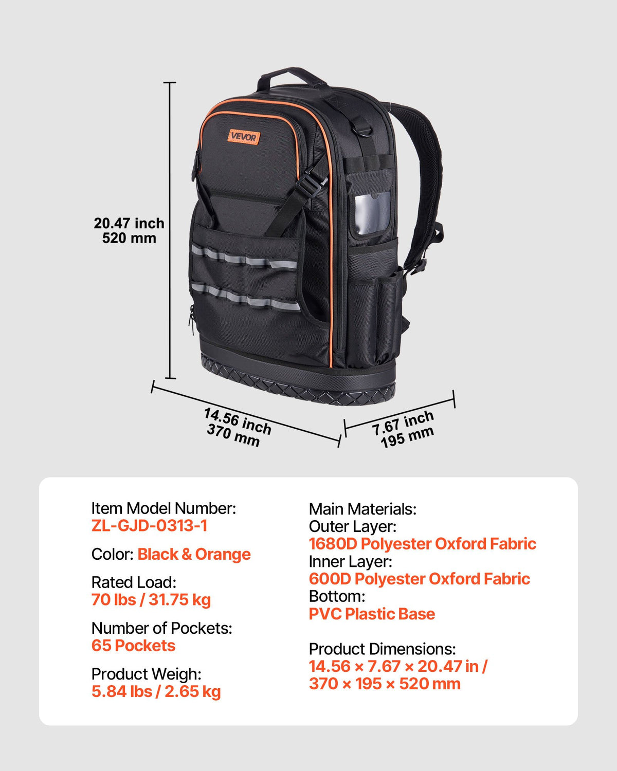 Tool Backpack 65 Pockets Heavy Duty Organizer w/Laptop Compartment Molded Base
