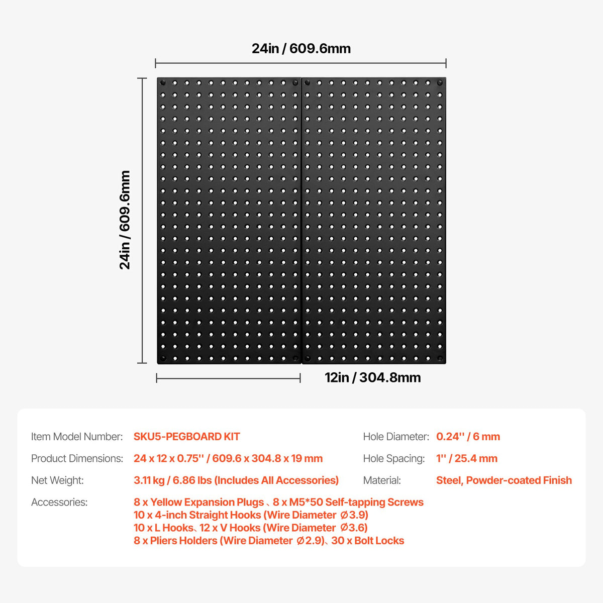 Metal Pegboard Panels 609.6x304.8mm, 2 Pc Heavy Duty Wall Organizer, Black
