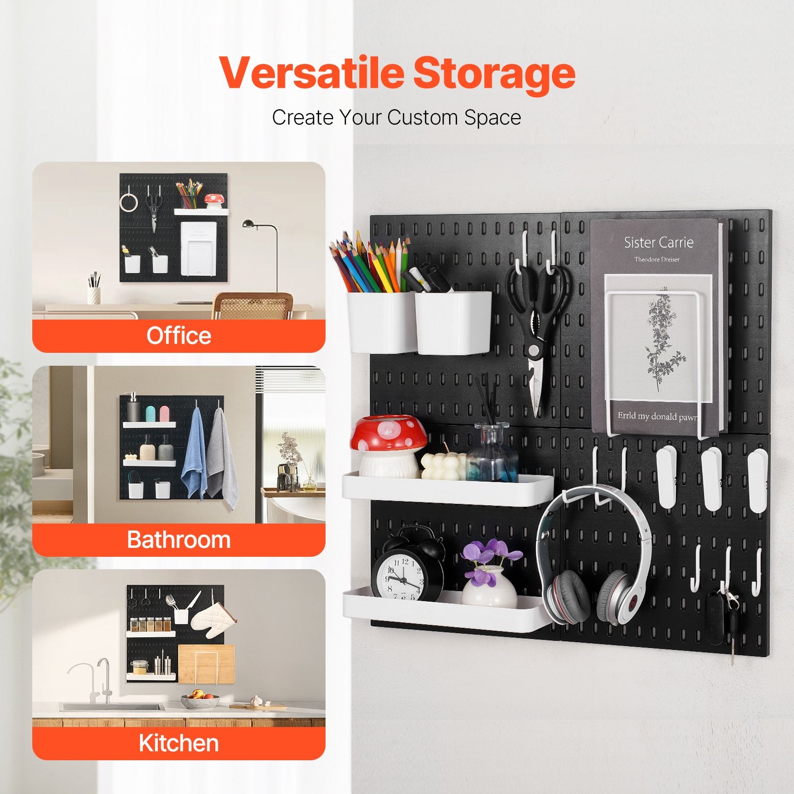 Pegboard Combination Kit 280x280mm 4-Panel Wall Organizer with Accessories Black