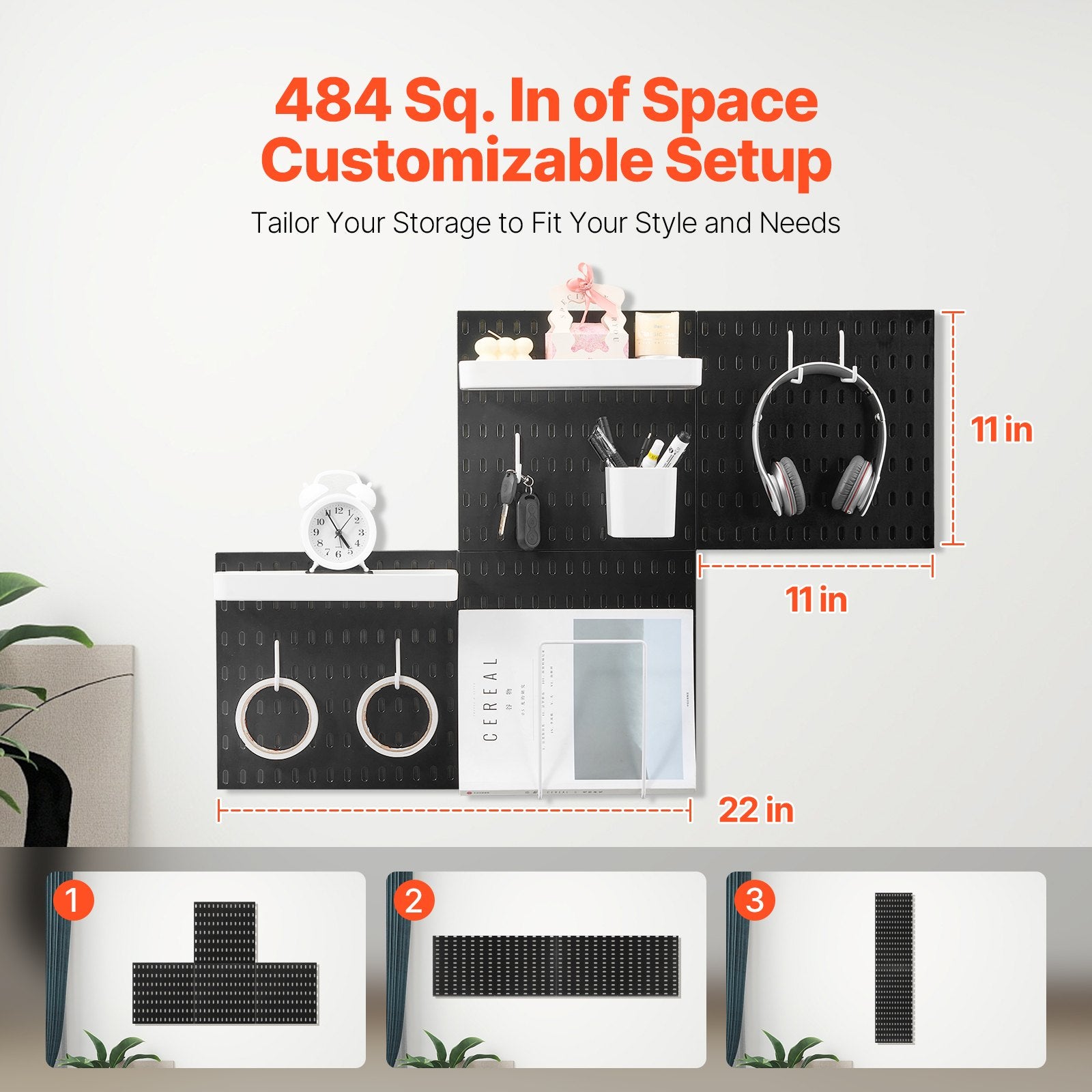 Pegboard Combination Kit 280x280mm 4-Panel Wall Organizer with Accessories Black