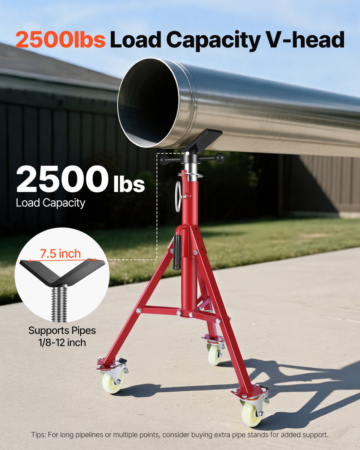 Pipe Stand V Head Adjustable 28-52in 2500LBS with Casters 1/8 to 12in Pipe