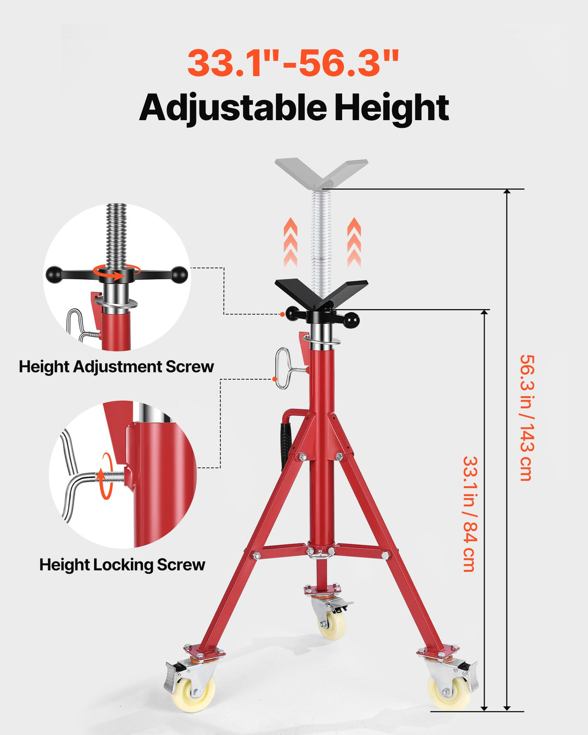 Pipe Stand V Head Adjustable 28-52in 2500LBS with Casters 1/8 to 12in Pipe