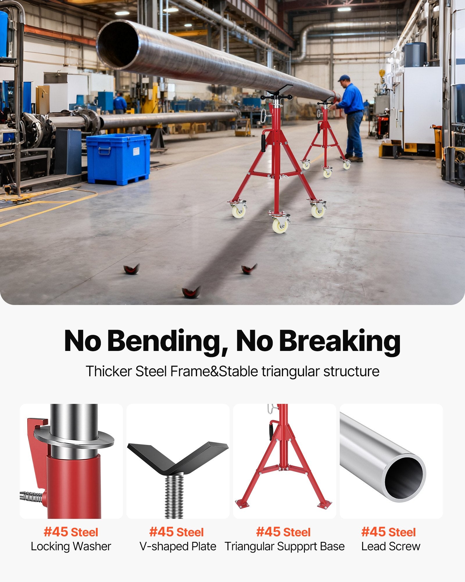 Pipe Stand V Head Adjustable 28-52in 2500LBS with Casters 1/8 to 12in Pipe