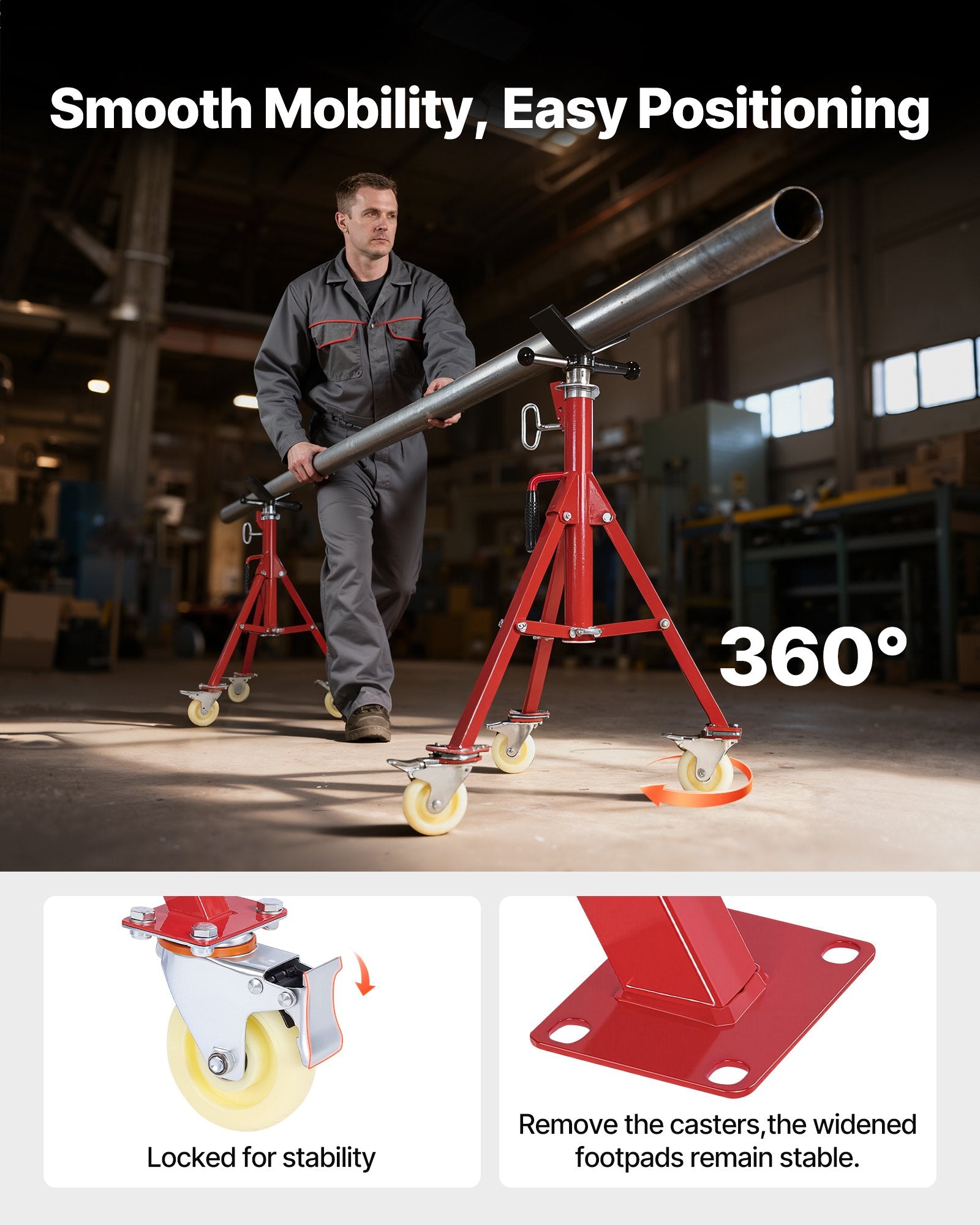 Pipe Stand V Head Adjustable 28-52in 2500LBS with Casters 1/8 to 12in Pipe