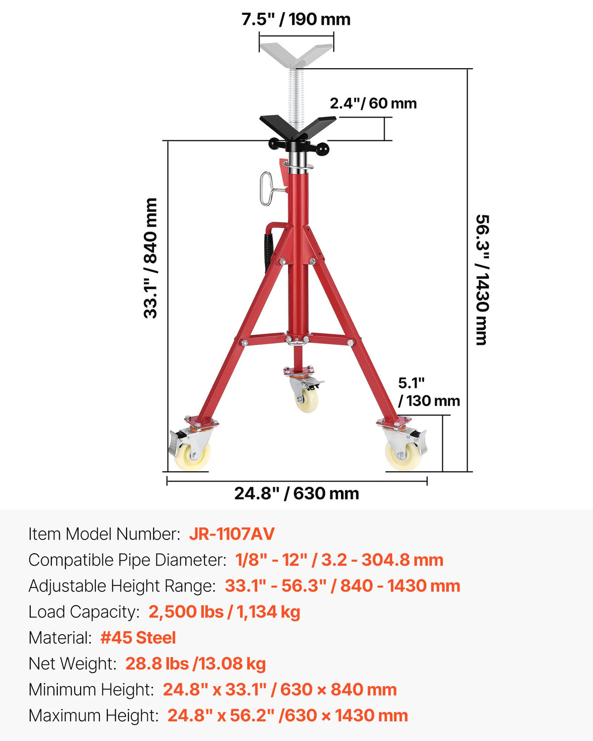 Pipe Stand V Head Adjustable 28-52in 2500LBS with Casters 1/8 to 12in Pipe