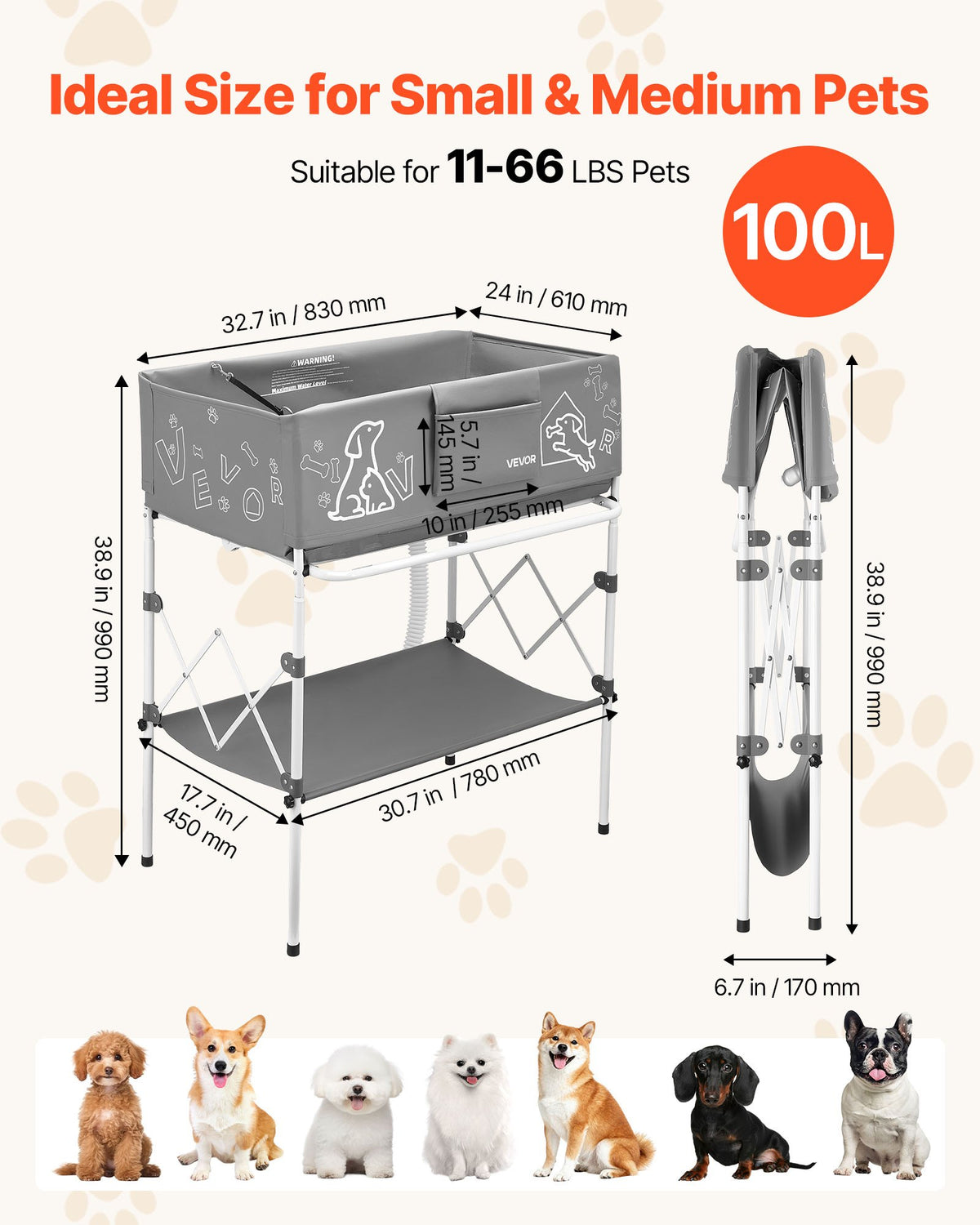 Foldable Elevated 83x61x99 cm Dog Bath Tub Pet Grooming with Drain Hose