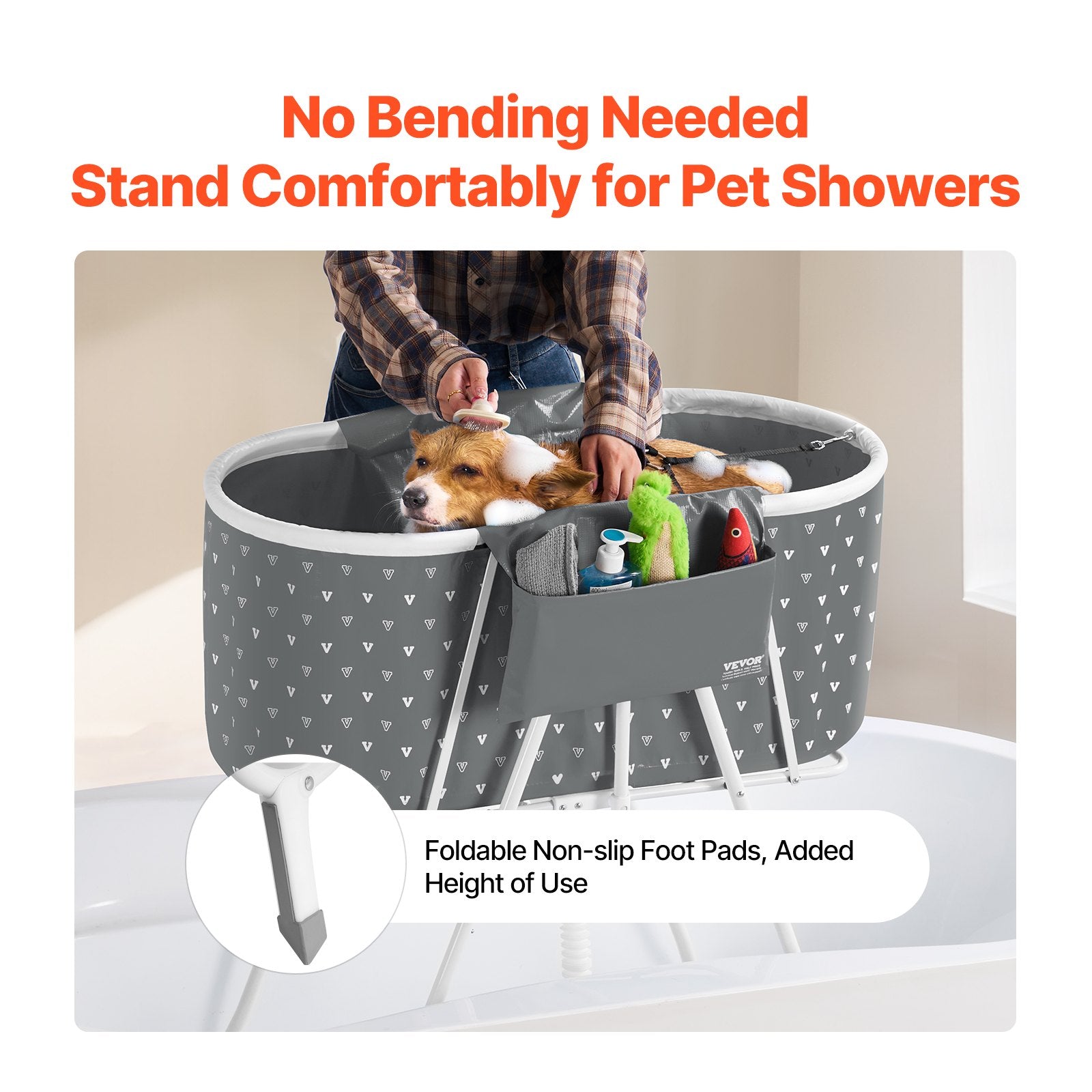 Portable Dog Bathtub Foldable Elevated Pet Shower Tub with Drainage Grey