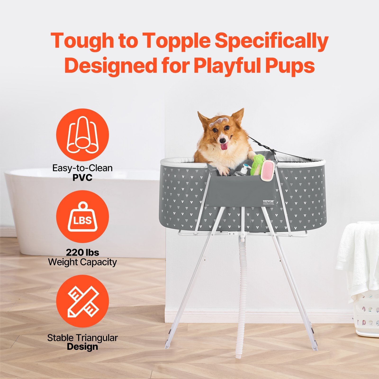 Portable Dog Bathtub Foldable Elevated Pet Shower Tub with Drainage Grey