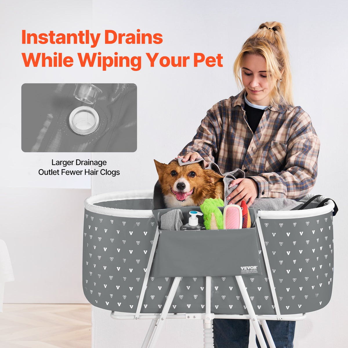 Portable Dog Bathtub Foldable Elevated Pet Shower Tub with Drainage Grey