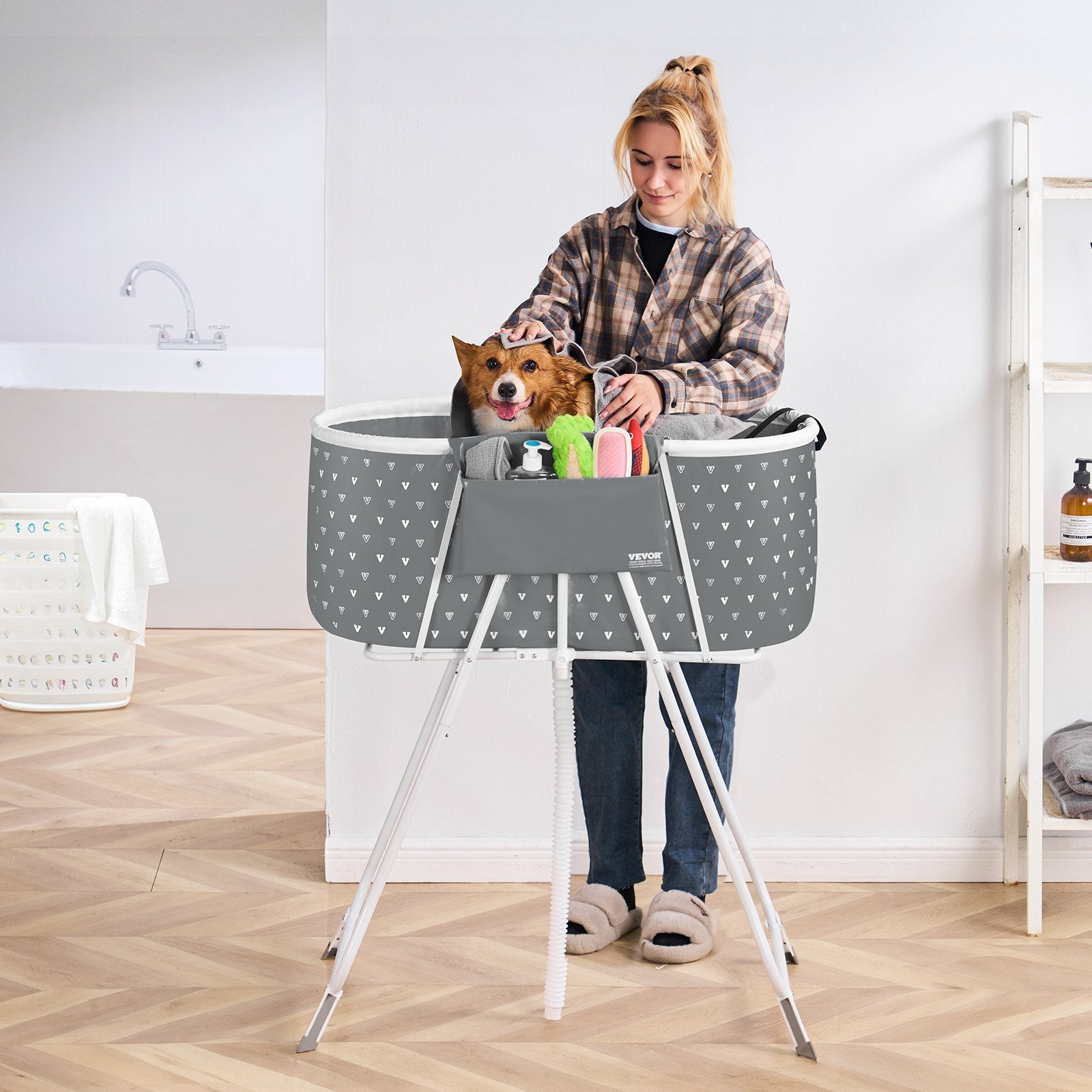 Portable Dog Bathtub Foldable Elevated Pet Shower Tub with Drainage Grey