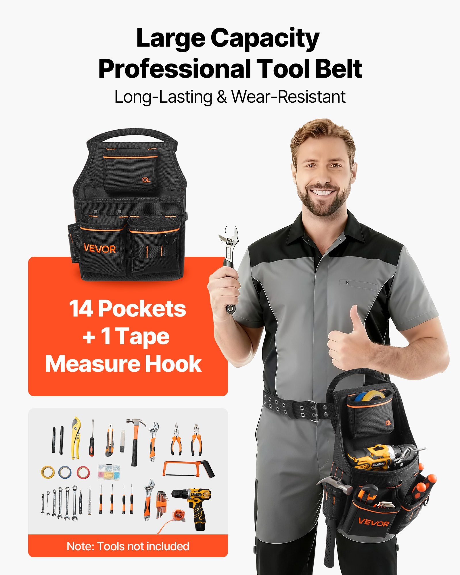 Tool Pouch Belt 14 Pockets Heavy Duty Adjustable Utility Bag 83-127cm Carpenter