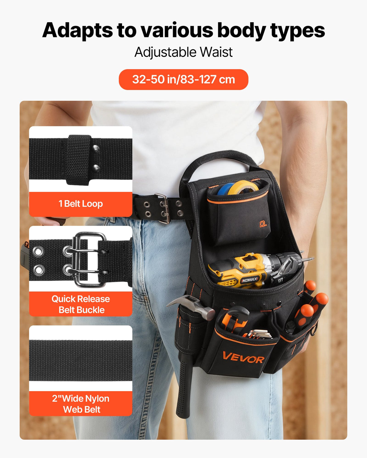 Tool Pouch Belt 14 Pockets Heavy Duty Adjustable Utility Bag 83-127cm Carpenter