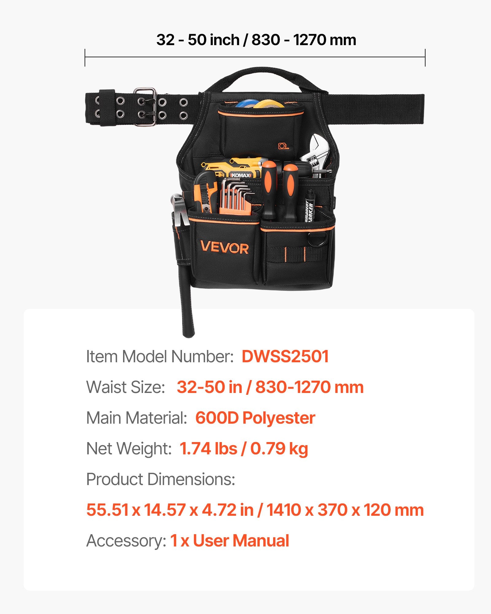 Tool Pouch Belt 14 Pockets Heavy Duty Adjustable Utility Bag 83-127cm Carpenter