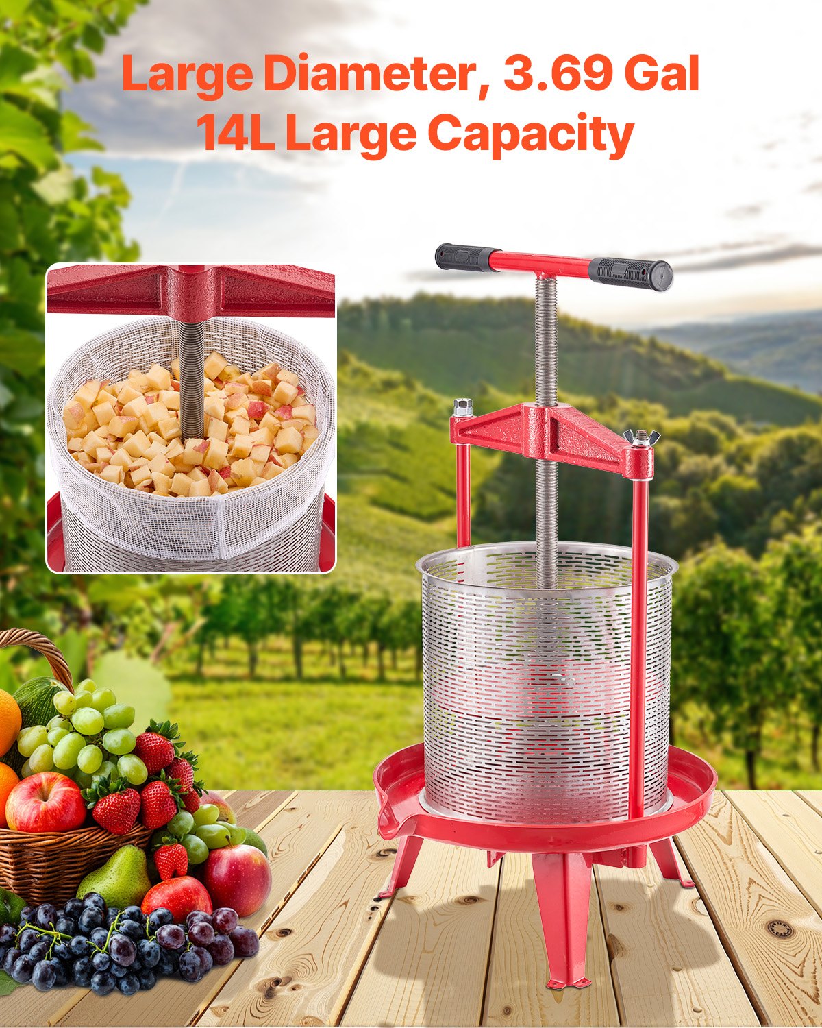 FruitWine PressStainless Basket14L 3.69 Gal Manual JuiceMaker THandle AppleGrape