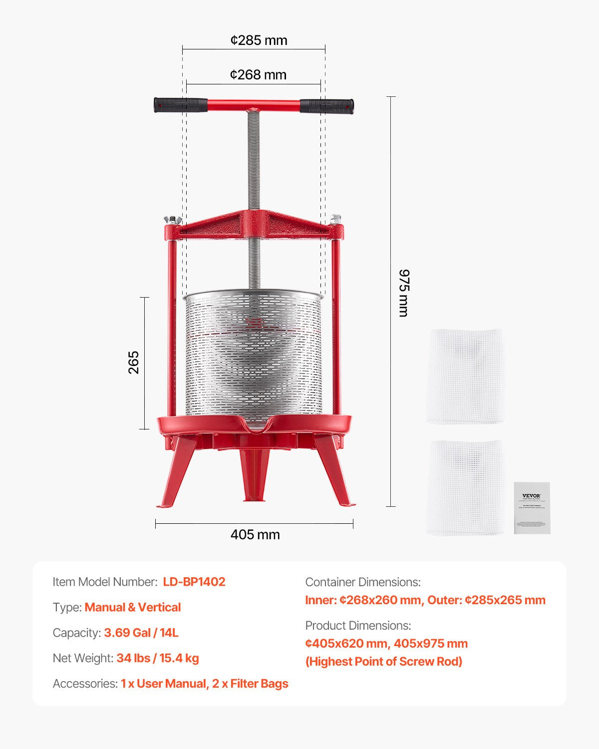 FruitWine PressStainless Basket14L 3.69 Gal Manual JuiceMaker THandle AppleGrape