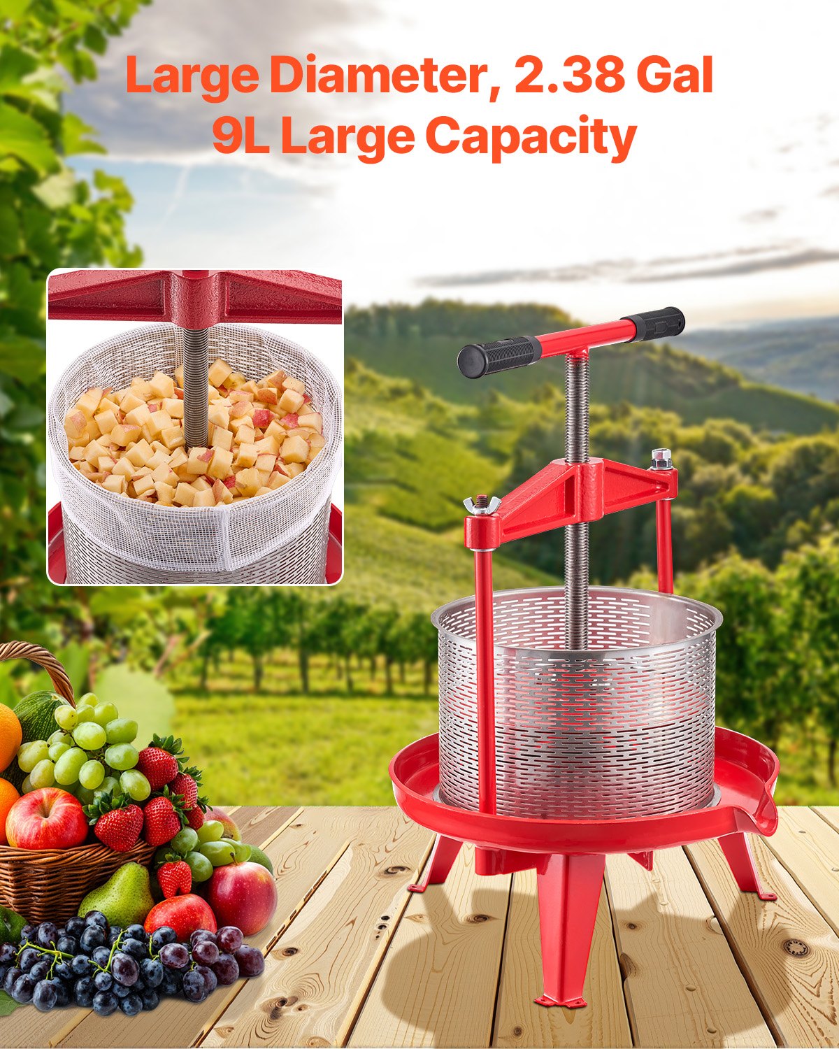 Fruit Wine Press 2.38 Gal 9L Stainless Steel Basket Manual Juice Cider Apple